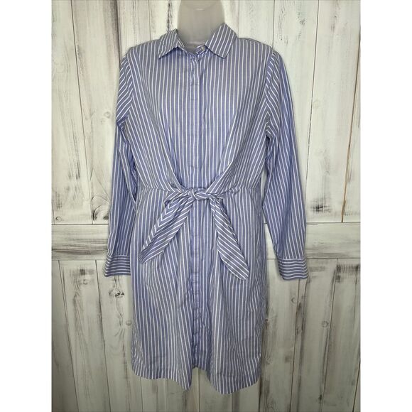 CALVIN KLEIN BLUE WHITE STRIPED LONG SLEEVE BUTTON UP TIE COTTON SHIRT DRESS 6? - Picture 1 of 15